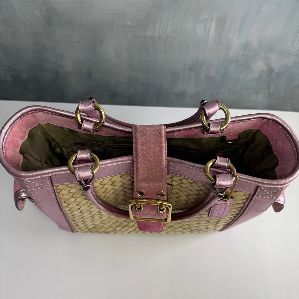 VTG Coach Straw Tote Women Pink Metallic Leather Suede Woven Basket Bag Y2K 4419 - Picture 13 of 15
